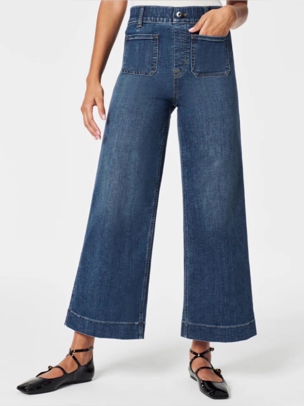 SPANX Cropped Wide Leg High Rise Patch Pocket Jeans